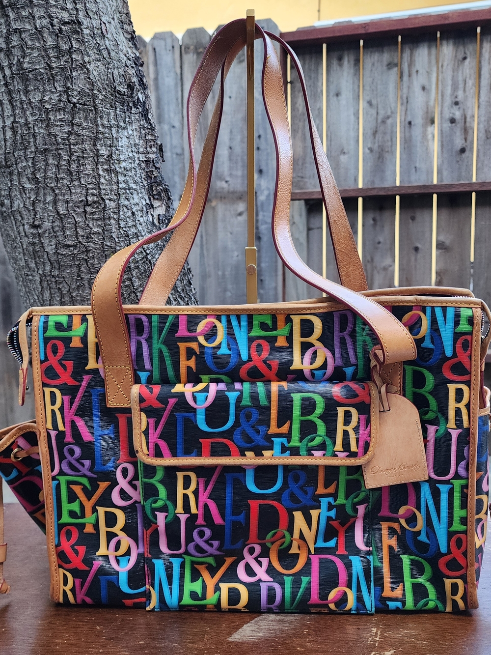 Dooney & Bourke Vintage Y2K Multicolor Signature Letter Print Tassel Tote Bag OS